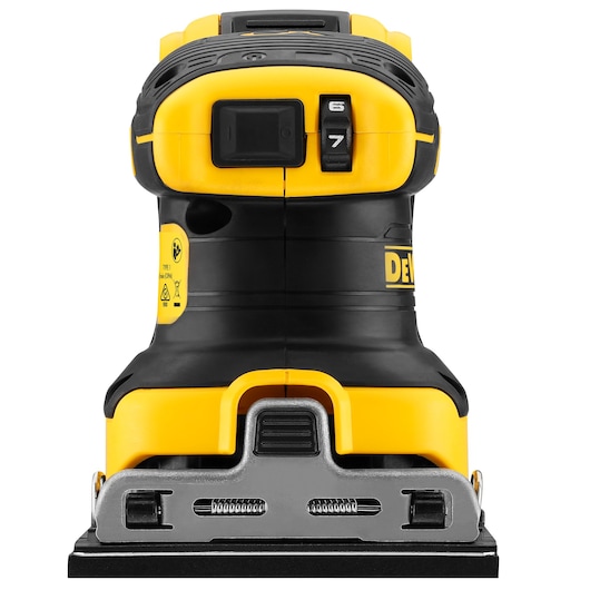 Front view of a yellow and black DEWALT electric sander with control switches and metal base.