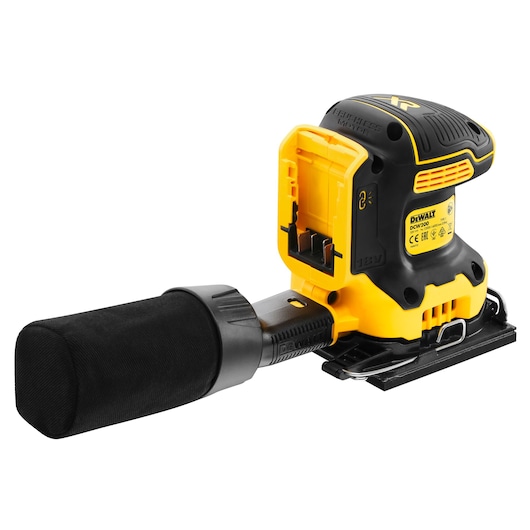 DEWALT DCW200NT cordless sander with dust bag, shown without battery, yellow and black body.