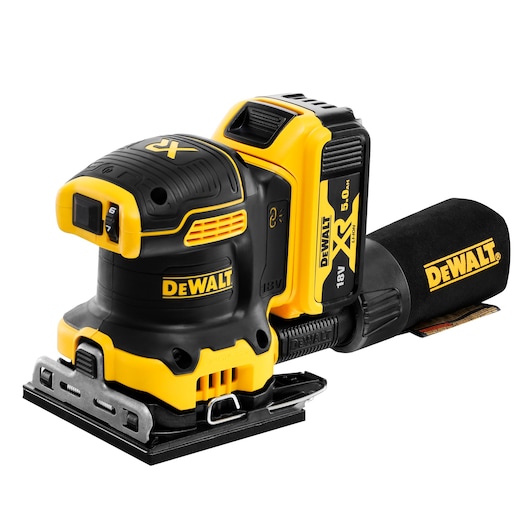 DEWALT cordless sander with battery and dust bag, black and yellow, model DCW200P2, for woodworking.