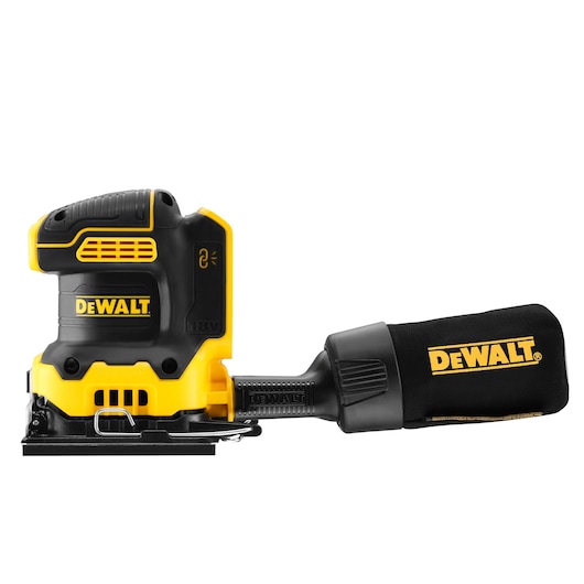 DEWALT DCW200P2 18V cordless sander with dust bag, shown on a white background.
