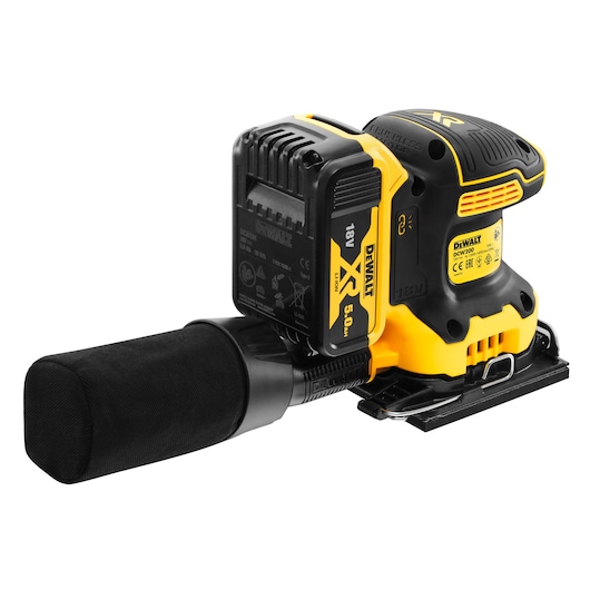 DEWALT cordless sander DCW200P2 with 18V battery and dust bag, shown in yellow and black.