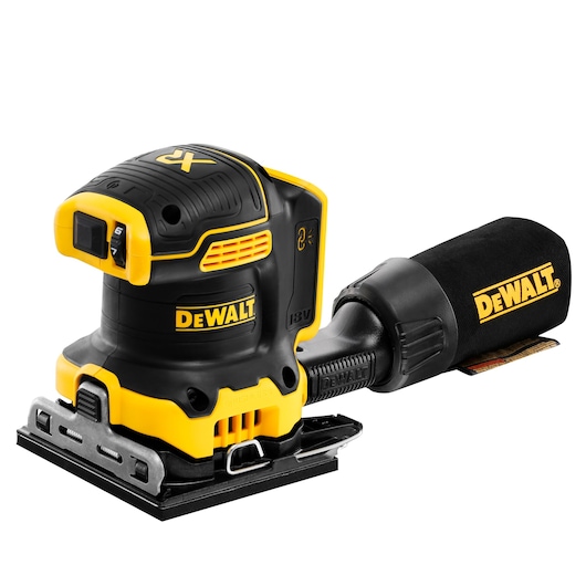 DEWALT cordless sander, black and yellow, shown with dust bag and flat sanding base.