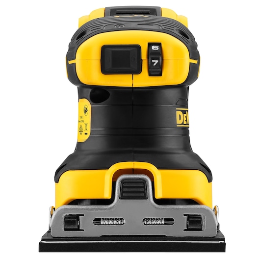Front view of a DEWALT cordless sander with speed settings, black and yellow design, and metal base plate.