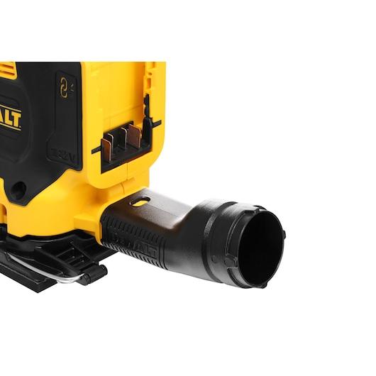 Close-up of DEWALT DCW200P2 sander with dust port and battery slot visible.