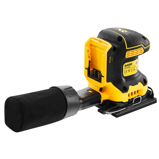 DEWALT DCW200P2 cordless sander with dust bag, black and yellow body, shown without battery installed.