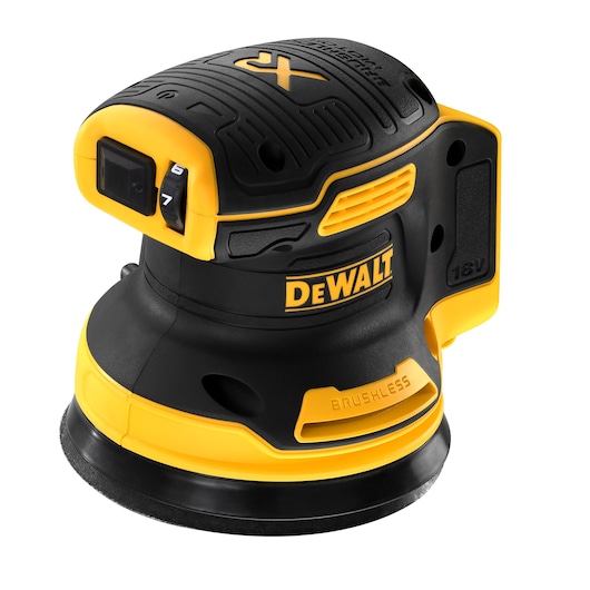A close-up image of a DEWALT 18V brushless cordless random orbital sander, predominantly black and yellow in color, featuring power and speed controls on the top and ergonomic design.
