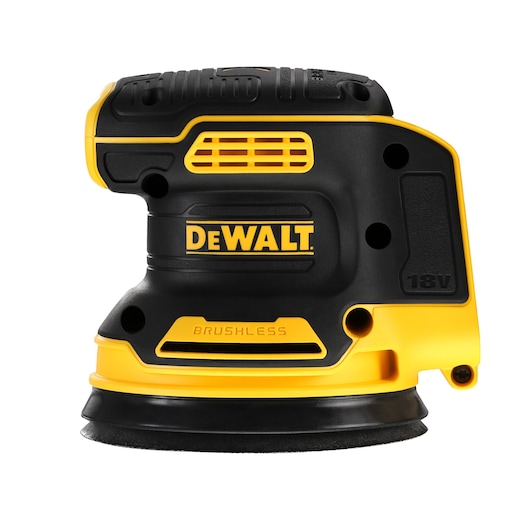 A DEWALT 18V brushless cordless random orbital sander, shown in yellow and black, designed for woodworking and surface finishing.