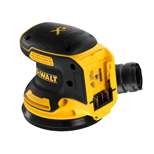 A DEWALT cordless brushless motor random orbital sander, model DCW210NT, shown in yellow and black with the battery compartment visible.