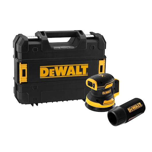 DEWALT cordless sander with dust collector and hard carrying case, all in black and yellow.