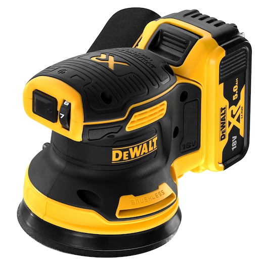DEWALT DCW210P2 18V brushless cordless sander with XR 5.0 Ah battery in black and yellow.