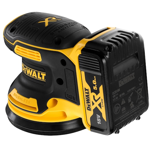 A close-up image of a DEWALT cordless random orbital sander, model DCW210P2, featuring a brushless motor and a detachable 18V XR 5.0Ah lithium-ion battery. The sander is mainly black and yellow in color.
