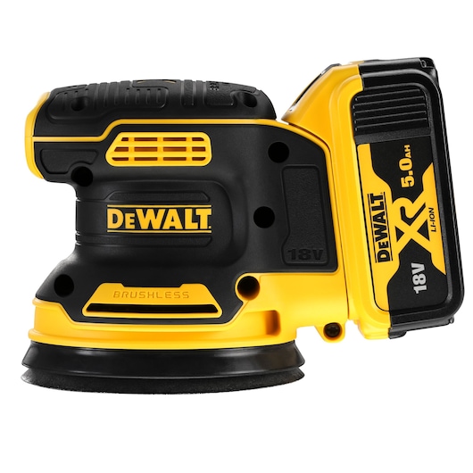 A DEWALT cordless orbital sander with a black and yellow design, featuring an 18V XR Li-Ion battery and a brushless motor.