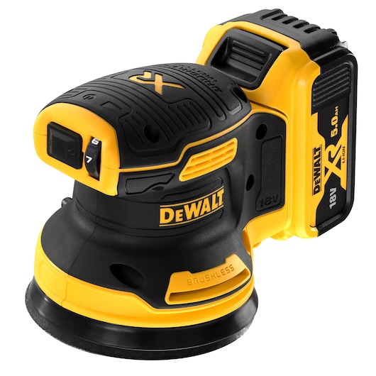 A DEWALT cordless random orbital sander with a black and yellow design. The tool features an 18V XR 5.0Ah lithium-ion battery and a brushless motor, designed for sanding surfaces efficiently.