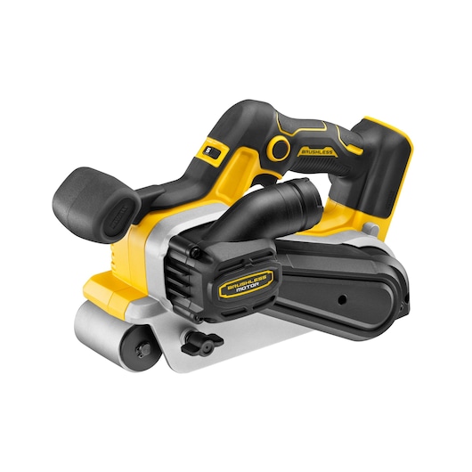 DEWALT cordless belt sander with brushless motor, black and yellow, shown on a white background.