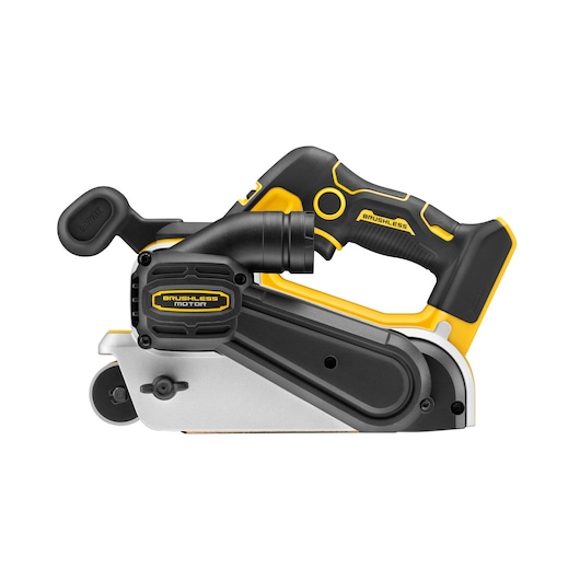 DEWALT cordless belt sander with brushless motor, black and yellow design, side view on white background.