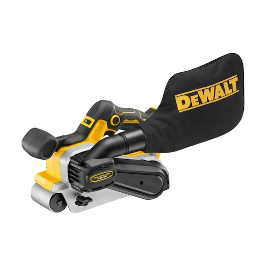DEWALT cordless belt sander with dust bag, yellow and black, designed for woodworking and sanding tasks.