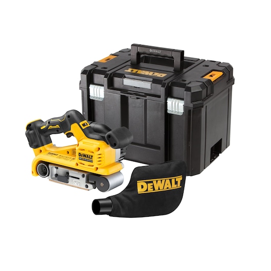 DEWALT cordless belt sander with black case and dust bag, all placed on a white background.