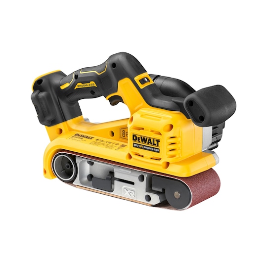 DEWALT cordless belt sander with yellow and black design, used for smoothing wood surfaces.