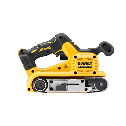 DEWALT cordless belt sander with black and yellow design, ergonomic handle and brushless motor.