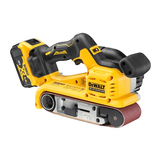 DEWALT cordless belt sander, yellow and black, 18V XR brushless, for sanding wood and surfaces.