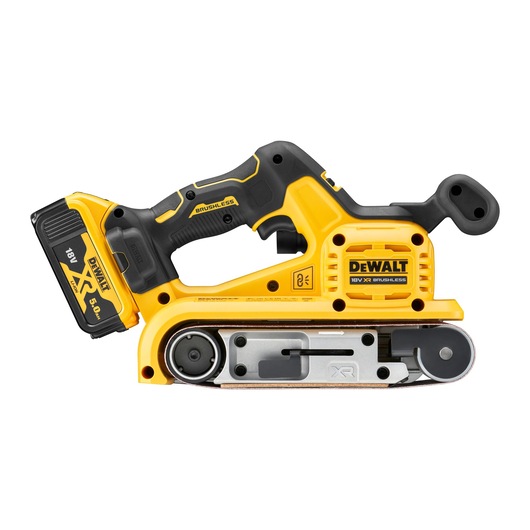 DEWALT DCW220P2 cordless belt sander with brushless motor and 18V XR battery, yellow and black design.