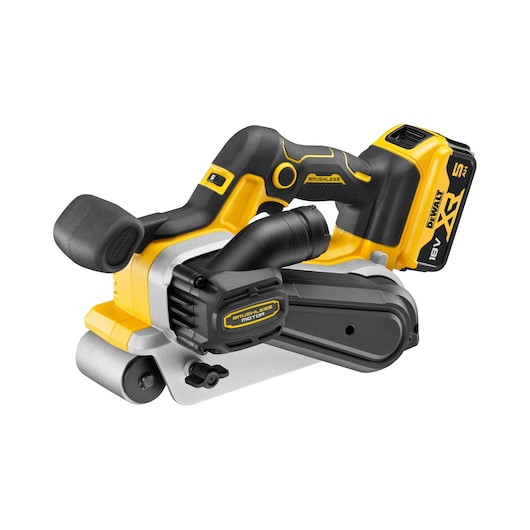 Cordless DEWALT belt sander with brushless motor and 18V battery, designed for sanding wood surfaces.