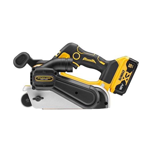 DEWALT cordless belt sander with brushless motor and 18V XR 5.0Ah battery, black and yellow design.