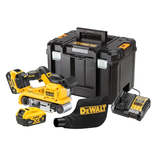 DEWALT cordless belt sander kit with batteries, charger, dust bag, and hard carrying case. All items shown together.