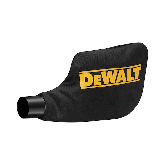 DEWALT black dust collection bag with yellow logo for power tools, shown against a white background.