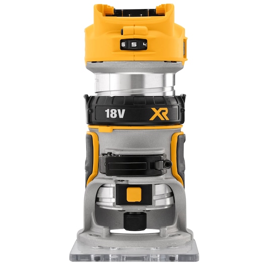 Front view of a DEWALT 18V XR cordless compact router, model DCW600N. The tool features a yellow and black design with visible speed adjustment dial and grip areas.