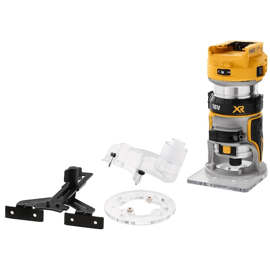 Cordless DEWALT 18V XR router tool with yellow and black casing, pictured with several accessories including a black metal guide, a transparent dust extraction attachment, and a transparent circular base plate. All items are displayed on a white background.