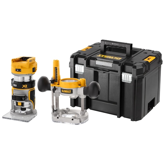 DEWALT routers and case, models DCW604NT-XJ, DCW604NT. Photography category, EMEAANZ region.