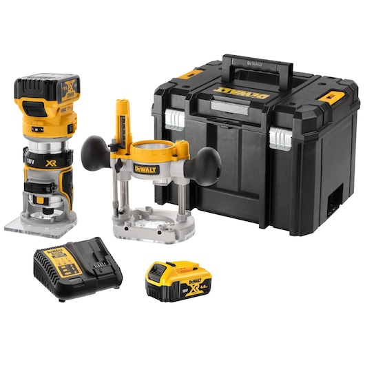 DEWALT cordless router kit with battery, charger, base, and black storage case displayed on a white background.