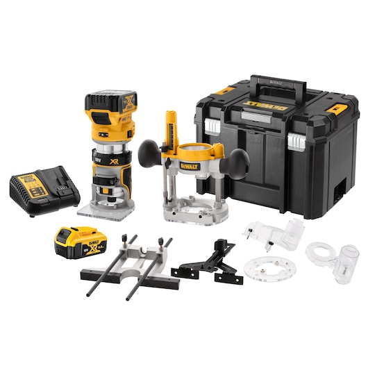 DEWALT router kit with router, charger, battery, accessories, and black storage case displayed together.