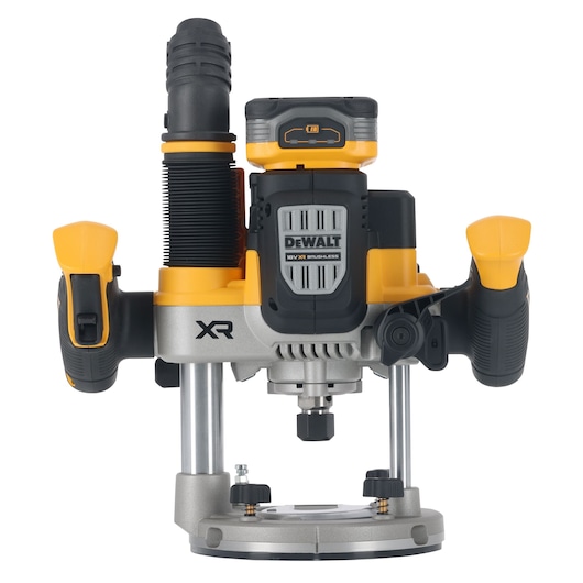 DEWALT XR cordless router with dual handles, silver and yellow, front view on white background.