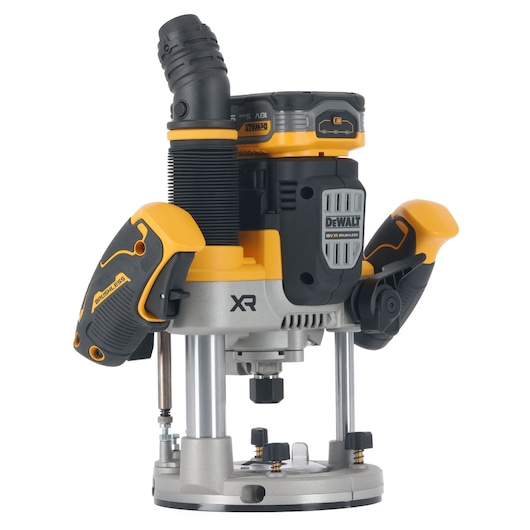DEWALT XR cordless plunge router with brushless motor, ergonomic handles, and dust extraction port.