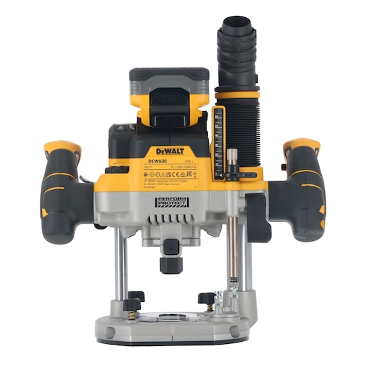 DEWALT DCW620 cordless router with dual handles, depth gauge, and dust extraction port, front view.