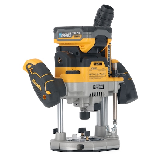 DEWALT DCW620H2 cordless plunge router with ergonomic handles, yellow and black design shown upright.