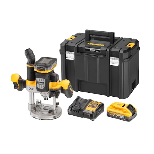 DEWALT cordless router kit with router, battery, charger, and black carrying case shown on white background.