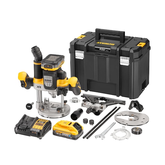 DEWALT cordless router kit with accessories, battery, charger, and sturdy black carrying case.