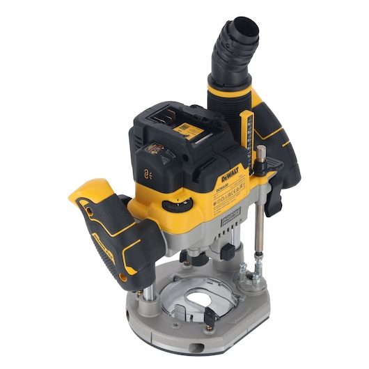 DEWALT cordless plunge router with yellow and black handles, dust extraction port, and adjustment controls.