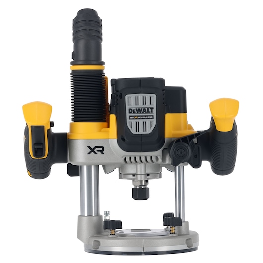 DEWALT DCW620NT cordless plunge router with yellow and black design, front view showing handles and base.