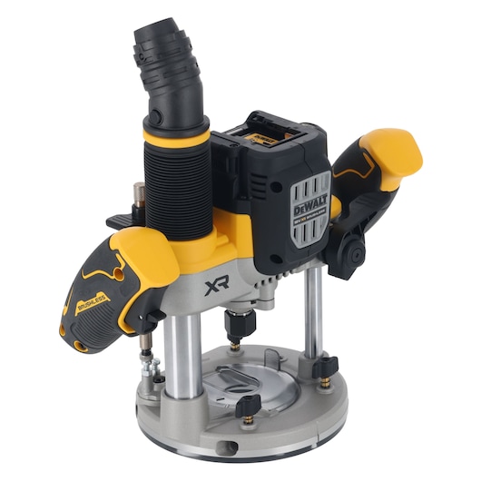 DEWALT cordless plunge router with yellow and black design, brushless motor, and ergonomic handles.