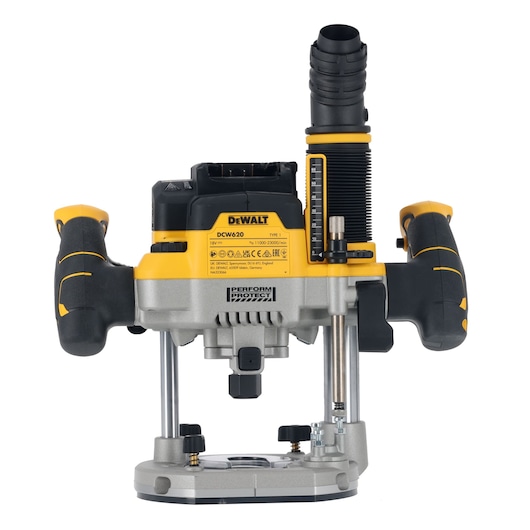 DeWalt DCW620NT plunge router tool in yellow and black, shown with two handles and dust extraction port.