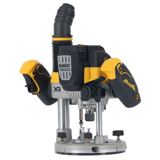 DEWALT plunge router with brushless motor, ergonomic handles, and dust extraction, shown on a white background.
