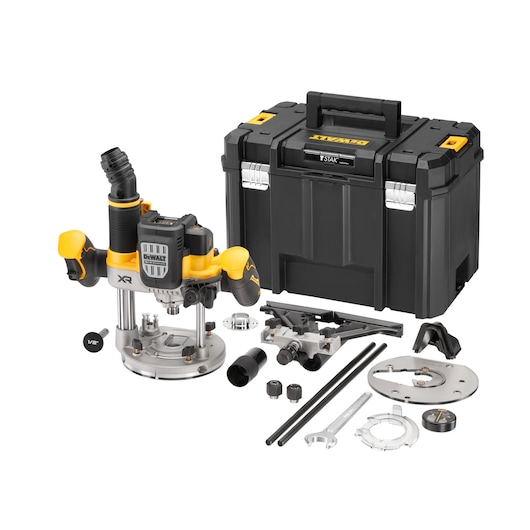 DEWALT plunge router with accessories and sturdy storage case. Multiple attachments are shown.