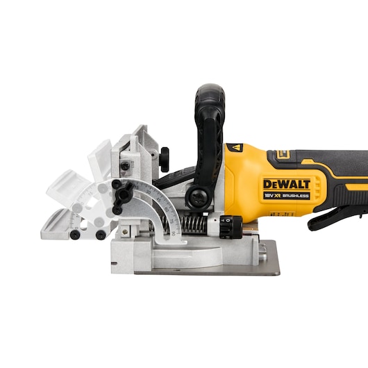 Side view of a DEWALT 18V XR brushless joiner tool with adjustable angle guide and ergonomic handle.