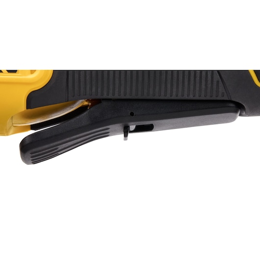 Detail of DEWALT photography tool handle, SKUs DCW682P2-QW, DCW682P2, black and yellow close-up.