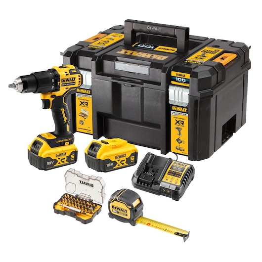 A DEWALT tool set including a cordless drill with battery, an extra battery, a battery charger, a tape measure, a case of screwdriver bits, and a sturdy black and yellow tool storage box.