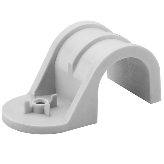 Grey plastic pipe clamp with mounting base, suitable for securing pipes or tubes in place.